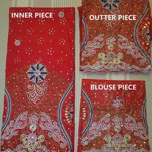 Red Rock Taffeta 6 Yards George with Blue Gold Silver Rhinestone 3 Piece